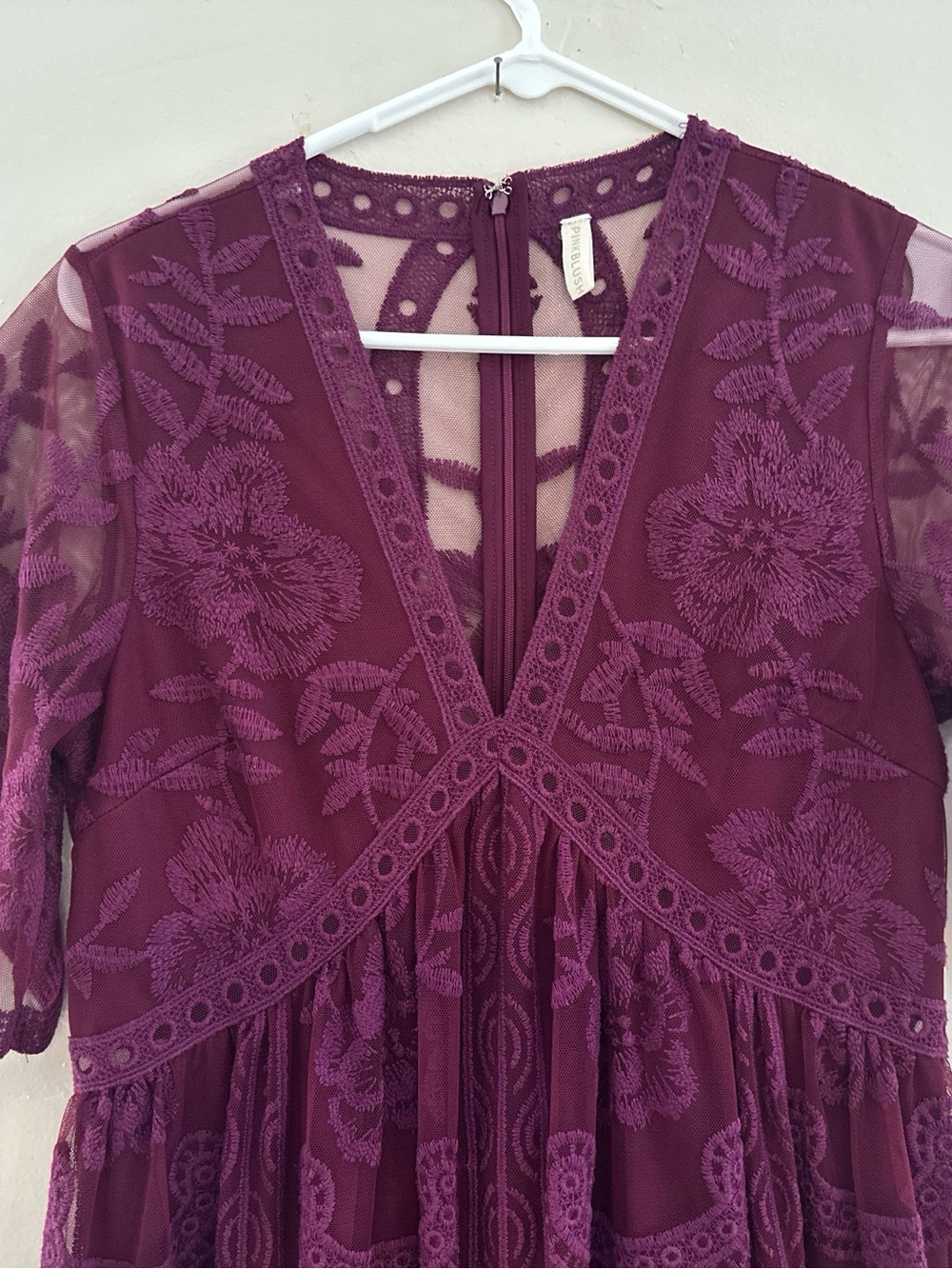 PinkBlush Burgundy Lace Mesh Overlay Maternity Maxi Dress - Picture 4 of 8